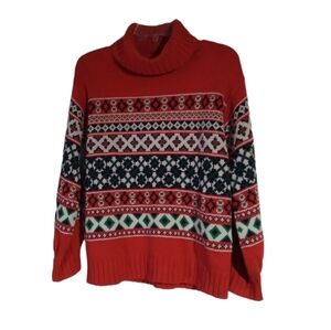 Crown & Ivy Red Aztec Cowl Neck Chunky Cable Knit Whimsical Sweater Size S